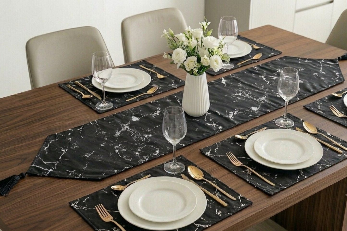 Luxury Black Dining Table Runner Set (9 Pieces) - Fancy Self-Design with 8 Matching Mats