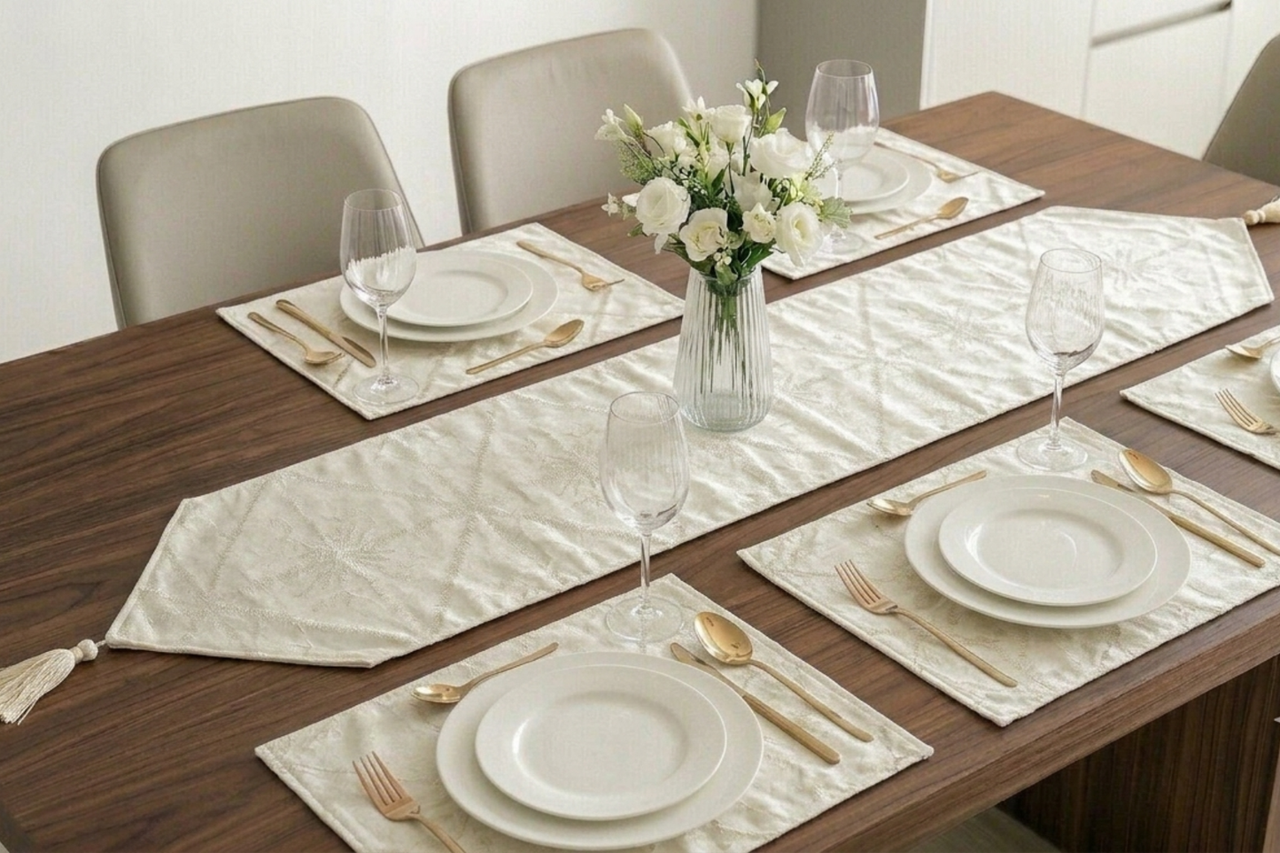 Luxury Cream Dining Table Runner Set (9 Pieces) - Fancy Self-Design with 8 Matching Mats