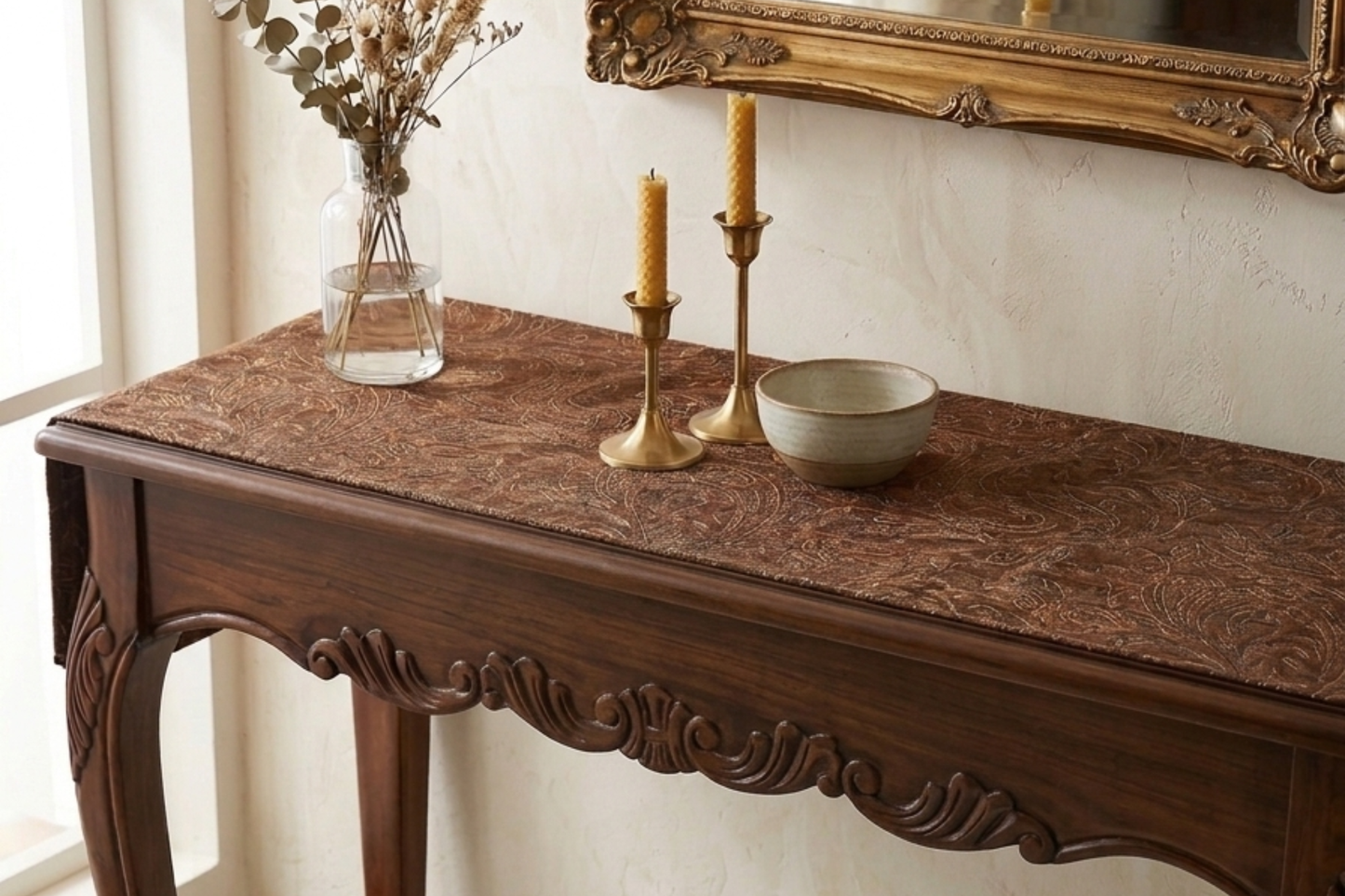 Premium Antique Brown Cotton Console Cover - Elegant Paisley Woven Pattern
