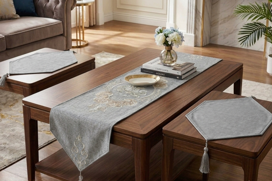 Premium Ash Grey Cotton Table Runner Set (3 Pieces) - Non-Slip Elegant Floral Embroidery