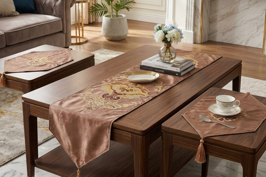 Premium Rose Gold Silk Table Runner Set (3 Pieces) - Non-Slip Elegant Floral Embroidery